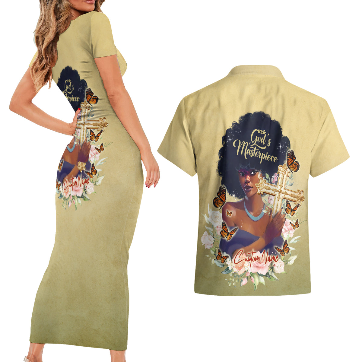 Personalized I Am God's Masterpiece Couples Matching Short Sleeve Bodycon Dress and Hawaiian Shirt African Women - Wonder Print Shop