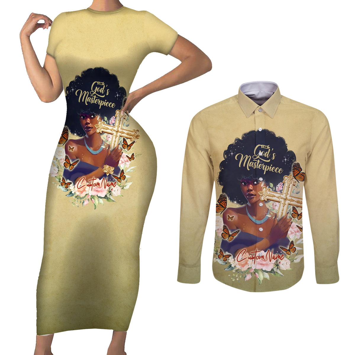 Personalized I Am God's Masterpiece Couples Matching Short Sleeve Bodycon Dress and Long Sleeve Button Shirt African Women - Wonder Print Shop