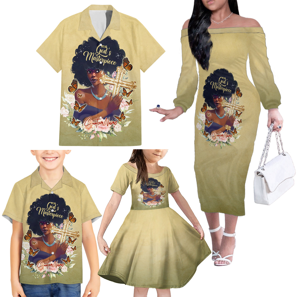 Personalized I Am God's Masterpiece Family Matching Off Shoulder Long Sleeve Dress and Hawaiian Shirt African Women - Wonder Print Shop