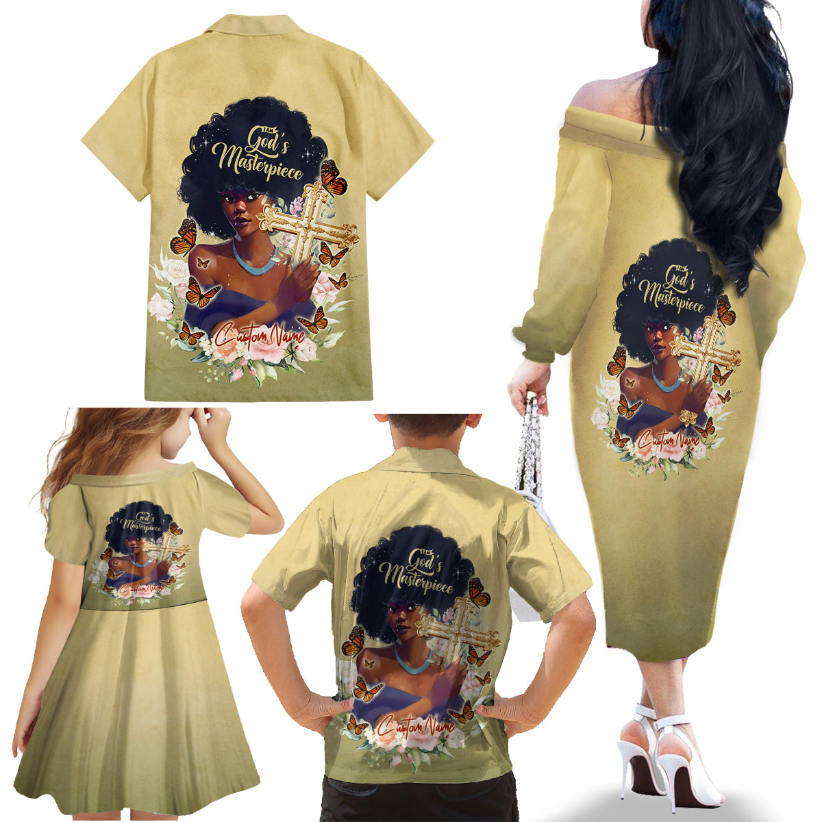 Personalized I Am God's Masterpiece Family Matching Off Shoulder Long Sleeve Dress and Hawaiian Shirt African Women - Wonder Print Shop