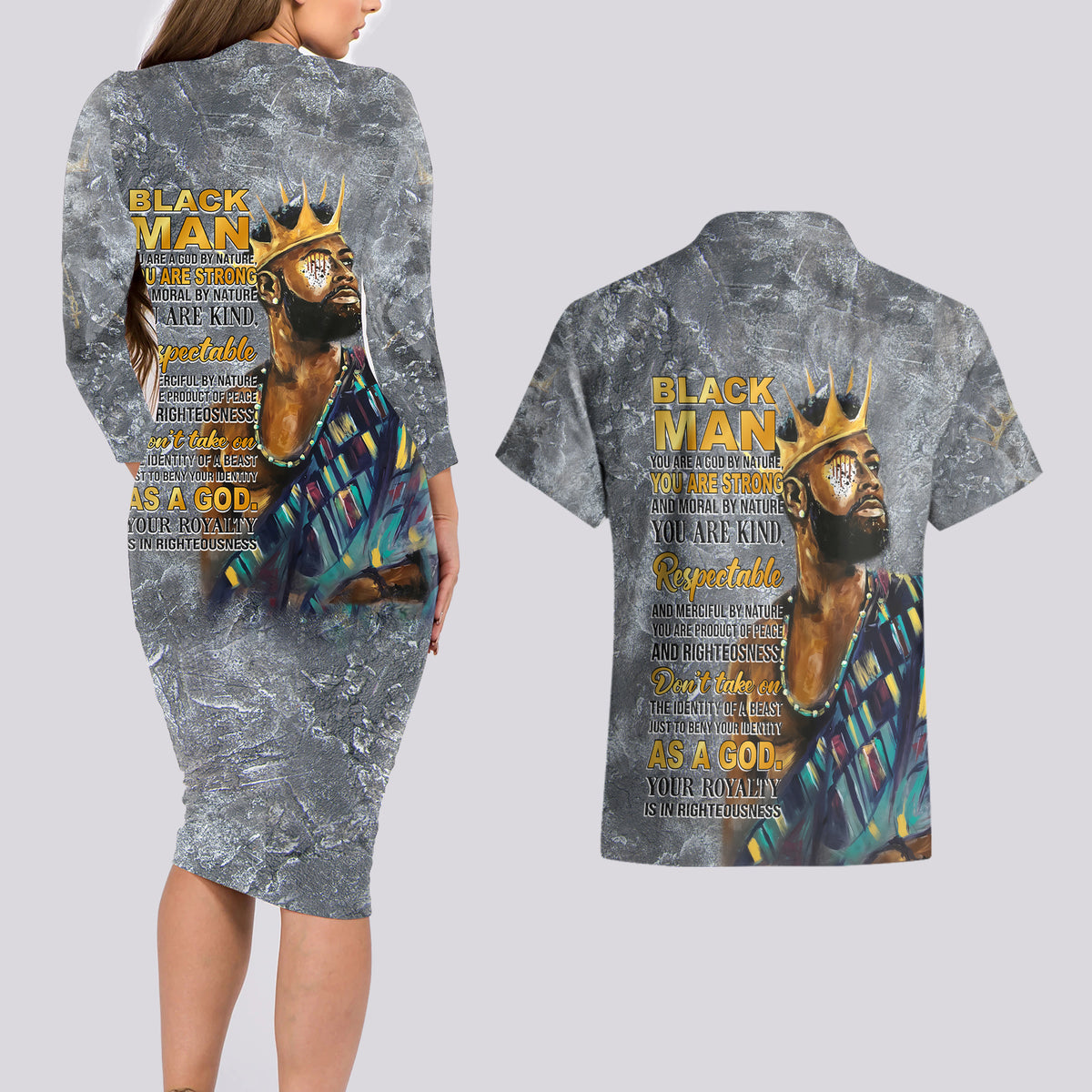 Black Man Africa Couples Matching Long Sleeve Bodycon Dress and Hawaiian Shirt Naturally King - Wonder Print Shop