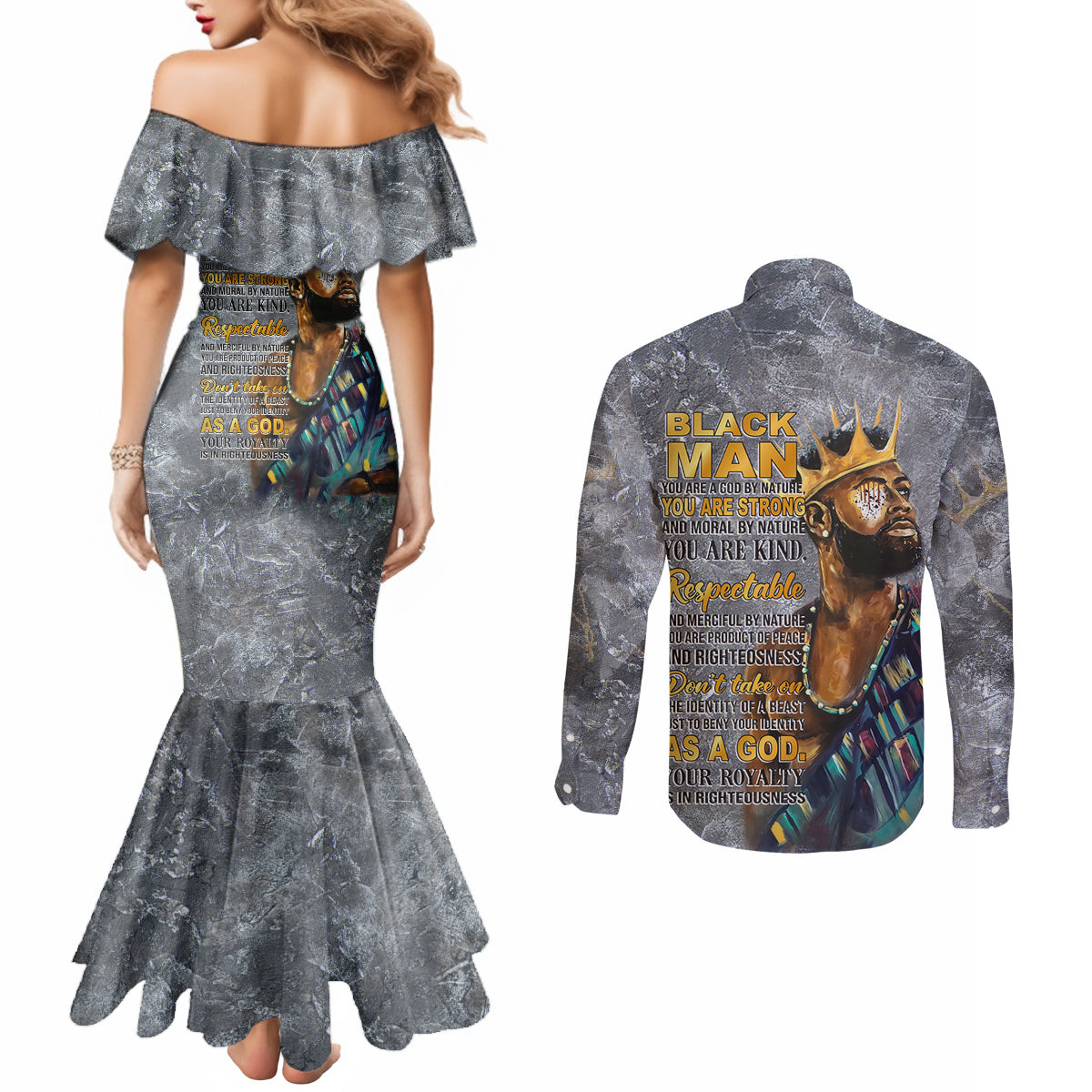 Black Man Africa Couples Matching Mermaid Dress and Long Sleeve Button Shirt Naturally King