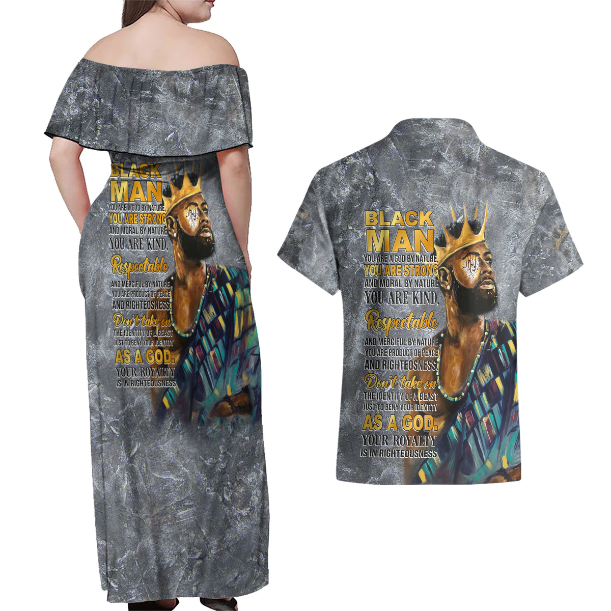 Black Man Africa Couples Matching Off Shoulder Maxi Dress and Hawaiian Shirt Naturally King - Wonder Print Shop