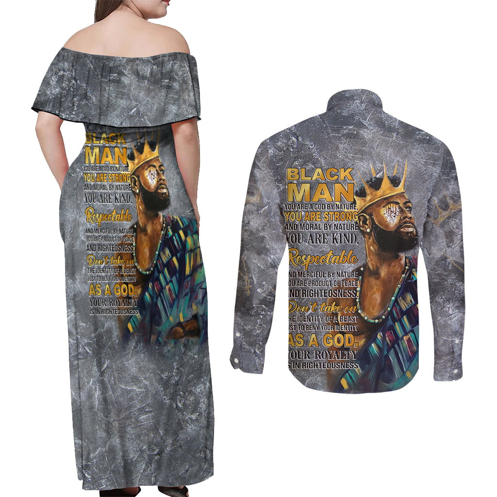 Black Man Africa Couples Matching Off Shoulder Maxi Dress and Long Sleeve Button Shirt Naturally King - Wonder Print Shop