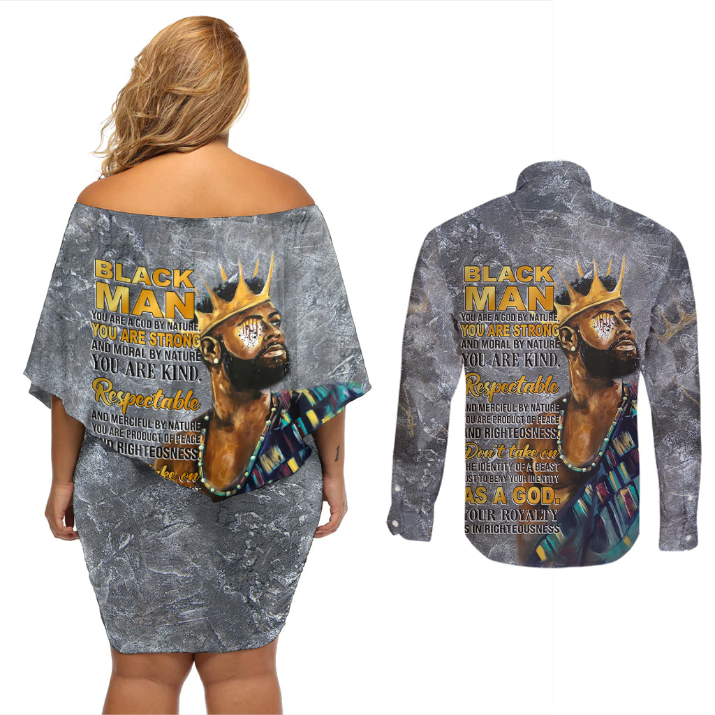 Black Man Africa Couples Matching Off Shoulder Short Dress and Long Sleeve Button Shirt Naturally King - Wonder Print Shop