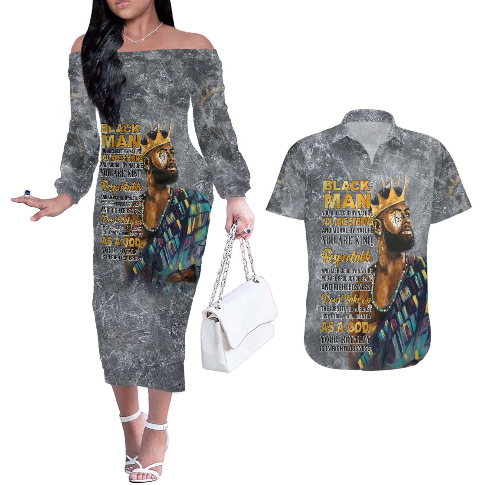 Black Man Africa Couples Matching Off The Shoulder Long Sleeve Dress and Hawaiian Shirt Naturally King - Wonder Print Shop