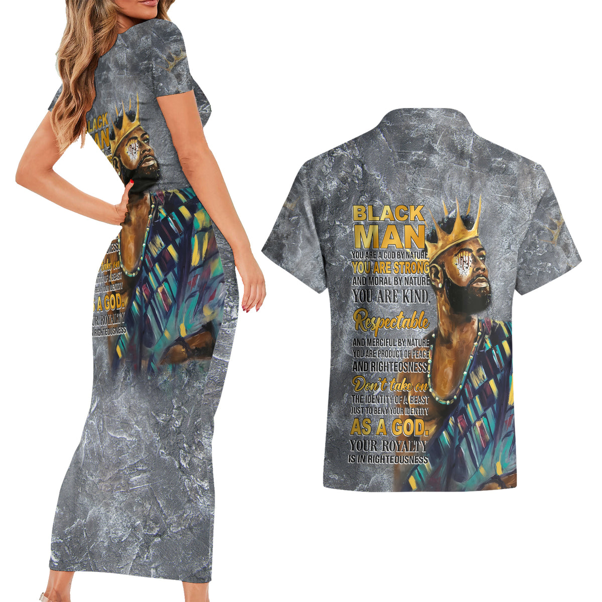 Black Man Africa Couples Matching Short Sleeve Bodycon Dress and Hawaiian Shirt Naturally King - Wonder Print Shop