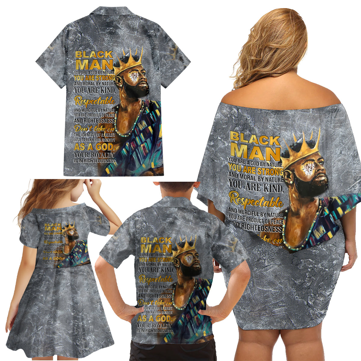 Black Man Africa Family Matching Off Shoulder Short Dress and Hawaiian Shirt Naturally King - Wonder Print Shop