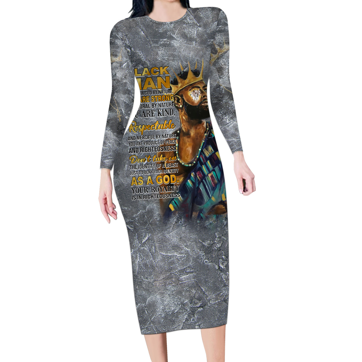 Black Man Africa Long Sleeve Bodycon Dress Naturally King - Wonder Print Shop