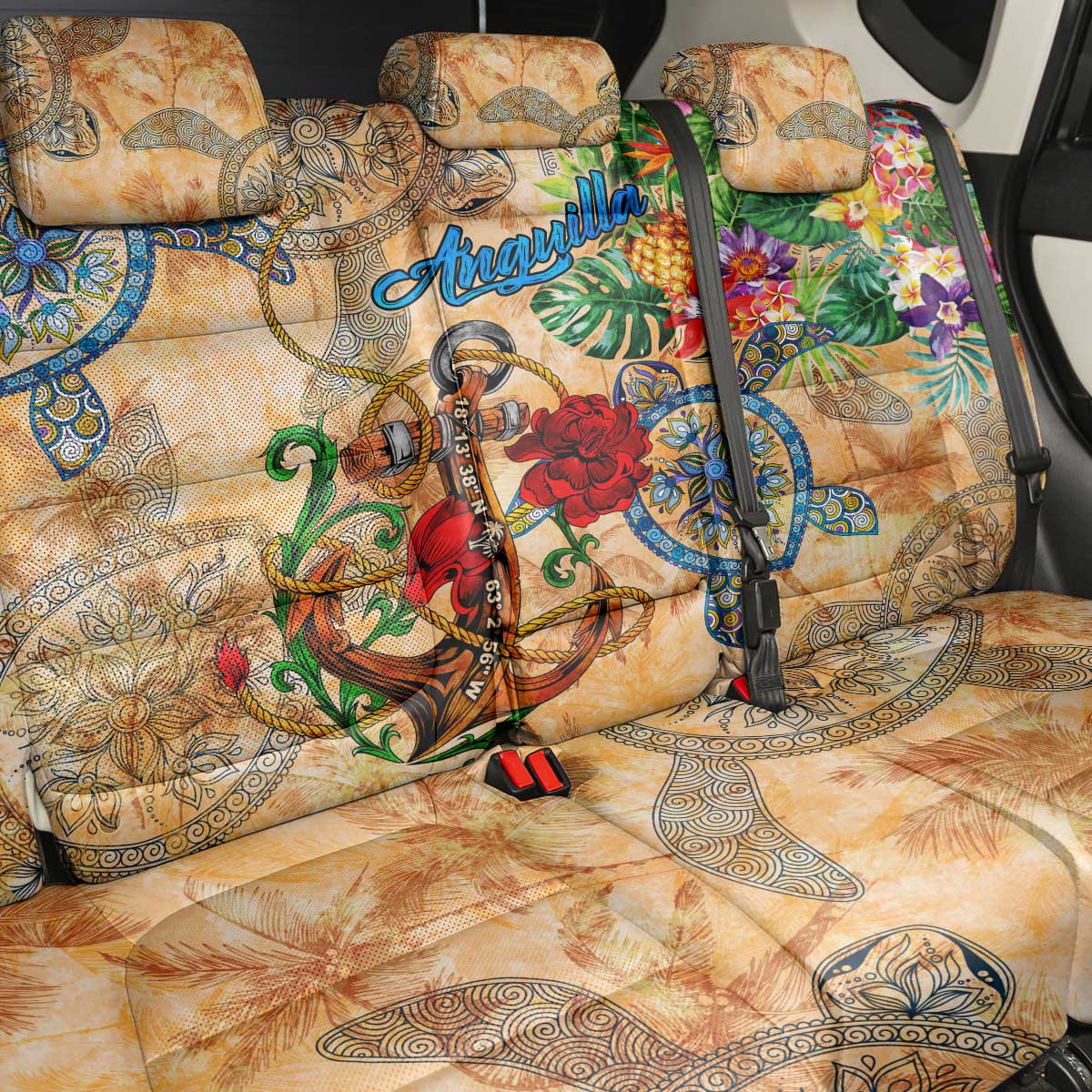 Anguilla Back Car Seat Cover Geographic Coordinate Anchor - Turlte Tropical