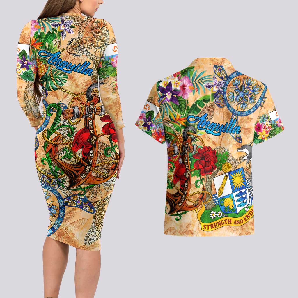 Anguilla Couples Matching Long Sleeve Bodycon Dress and Hawaiian Shirt Geographic Coordinate Anchor - Turlte Tropical