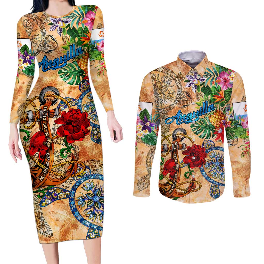 Anguilla Couples Matching Long Sleeve Bodycon Dress and Long Sleeve Button Shirt Geographic Coordinate Anchor - Turlte Tropical