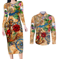 Anguilla Couples Matching Long Sleeve Bodycon Dress and Long Sleeve Button Shirt Geographic Coordinate Anchor - Turlte Tropical