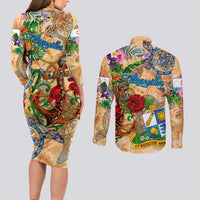 Anguilla Couples Matching Long Sleeve Bodycon Dress and Long Sleeve Button Shirt Geographic Coordinate Anchor - Turlte Tropical