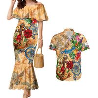 Anguilla Couples Matching Mermaid Dress and Hawaiian Shirt Geographic Coordinate Anchor - Turlte Tropical