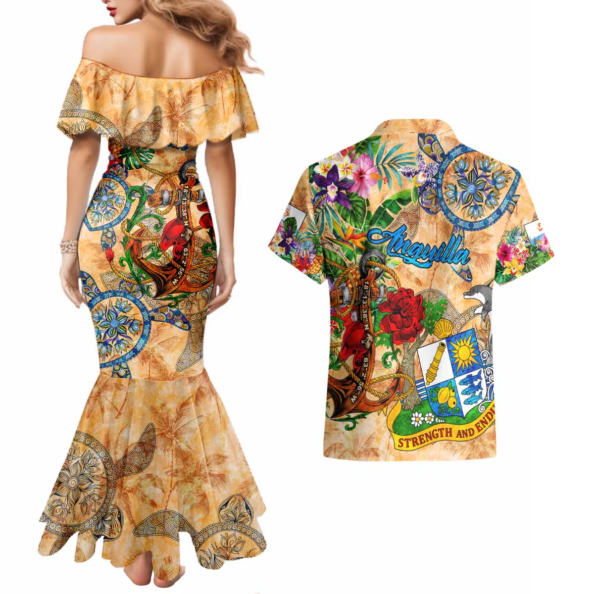 Anguilla Couples Matching Mermaid Dress and Hawaiian Shirt Geographic Coordinate Anchor - Turlte Tropical