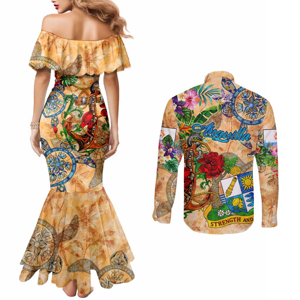 Anguilla Couples Matching Mermaid Dress and Long Sleeve Button Shirt Geographic Coordinate Anchor - Turlte Tropical