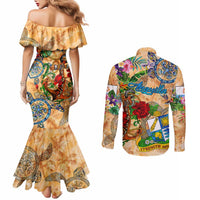 Anguilla Couples Matching Mermaid Dress and Long Sleeve Button Shirt Geographic Coordinate Anchor - Turlte Tropical