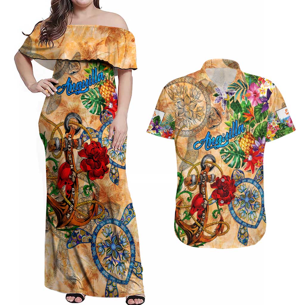 Anguilla Couples Matching Off Shoulder Maxi Dress and Hawaiian Shirt Geographic Coordinate Anchor - Turlte Tropical