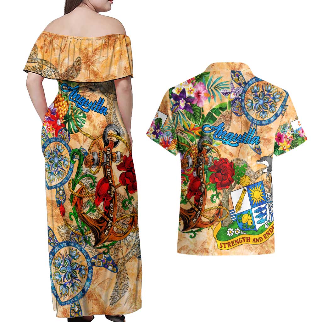 Anguilla Couples Matching Off Shoulder Maxi Dress and Hawaiian Shirt Geographic Coordinate Anchor - Turlte Tropical
