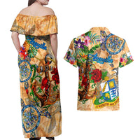 Anguilla Couples Matching Off Shoulder Maxi Dress and Hawaiian Shirt Geographic Coordinate Anchor - Turlte Tropical