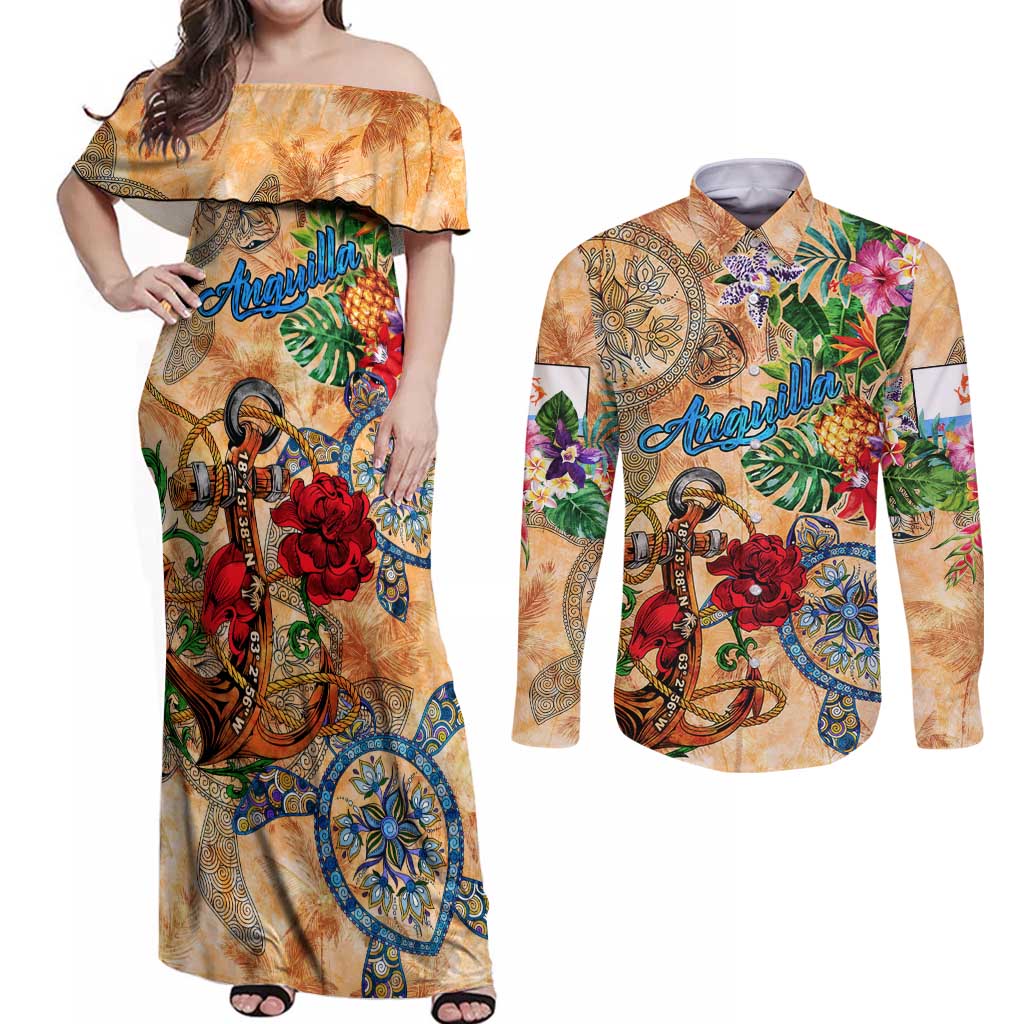 Anguilla Couples Matching Off Shoulder Maxi Dress and Long Sleeve Button Shirt Geographic Coordinate Anchor - Turlte Tropical