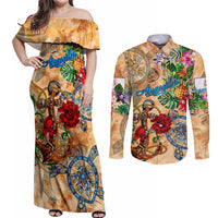 Anguilla Couples Matching Off Shoulder Maxi Dress and Long Sleeve Button Shirt Geographic Coordinate Anchor - Turlte Tropical
