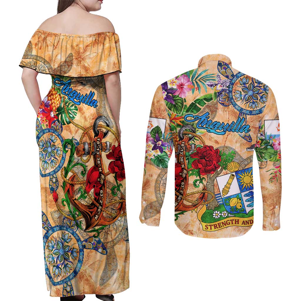 Anguilla Couples Matching Off Shoulder Maxi Dress and Long Sleeve Button Shirt Geographic Coordinate Anchor - Turlte Tropical