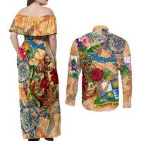 Anguilla Couples Matching Off Shoulder Maxi Dress and Long Sleeve Button Shirt Geographic Coordinate Anchor - Turlte Tropical