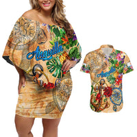 Anguilla Couples Matching Off Shoulder Short Dress and Hawaiian Shirt Geographic Coordinate Anchor - Turlte Tropical