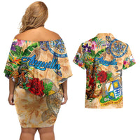 Anguilla Couples Matching Off Shoulder Short Dress and Hawaiian Shirt Geographic Coordinate Anchor - Turlte Tropical