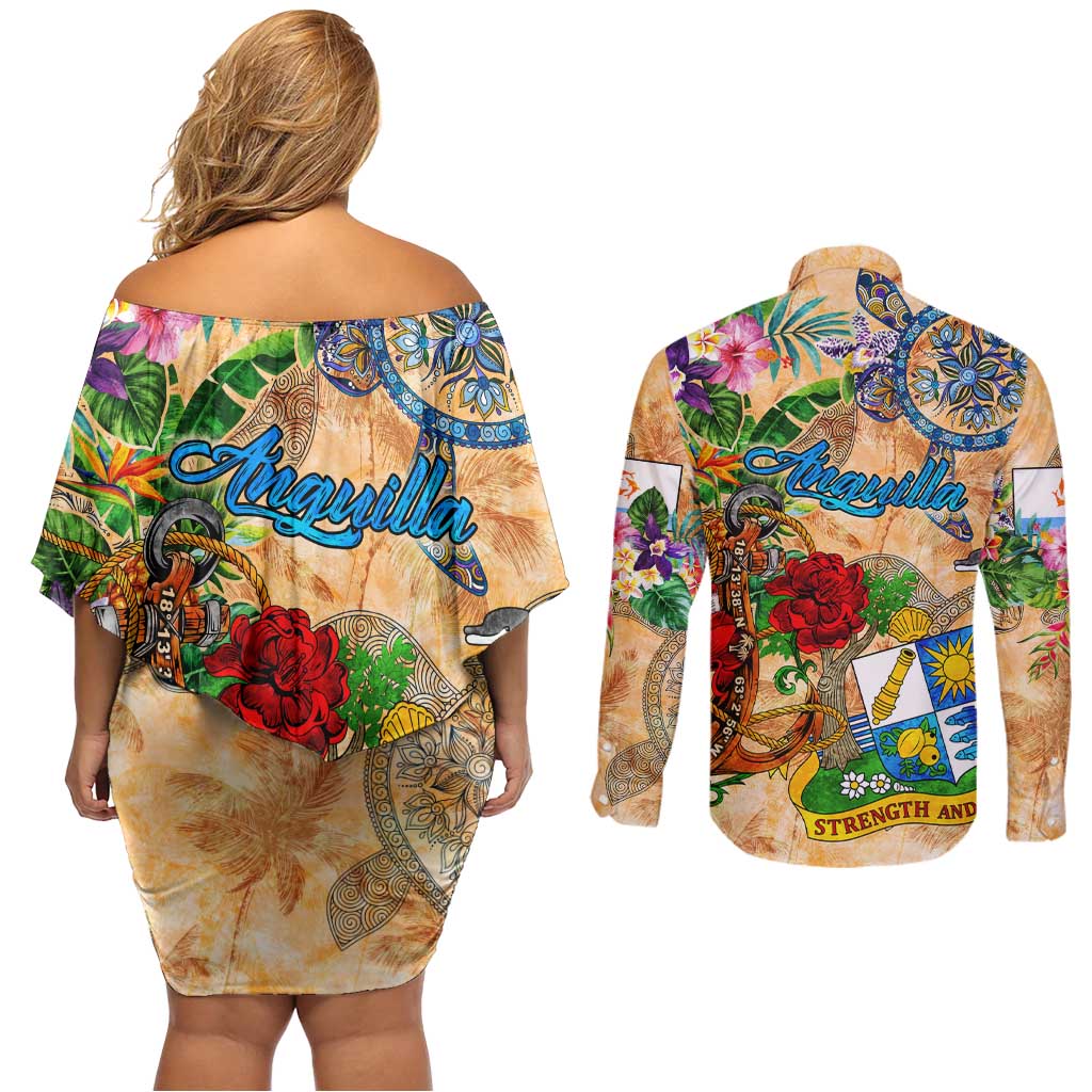 Anguilla Couples Matching Off Shoulder Short Dress and Long Sleeve Button Shirt Geographic Coordinate Anchor - Turlte Tropical