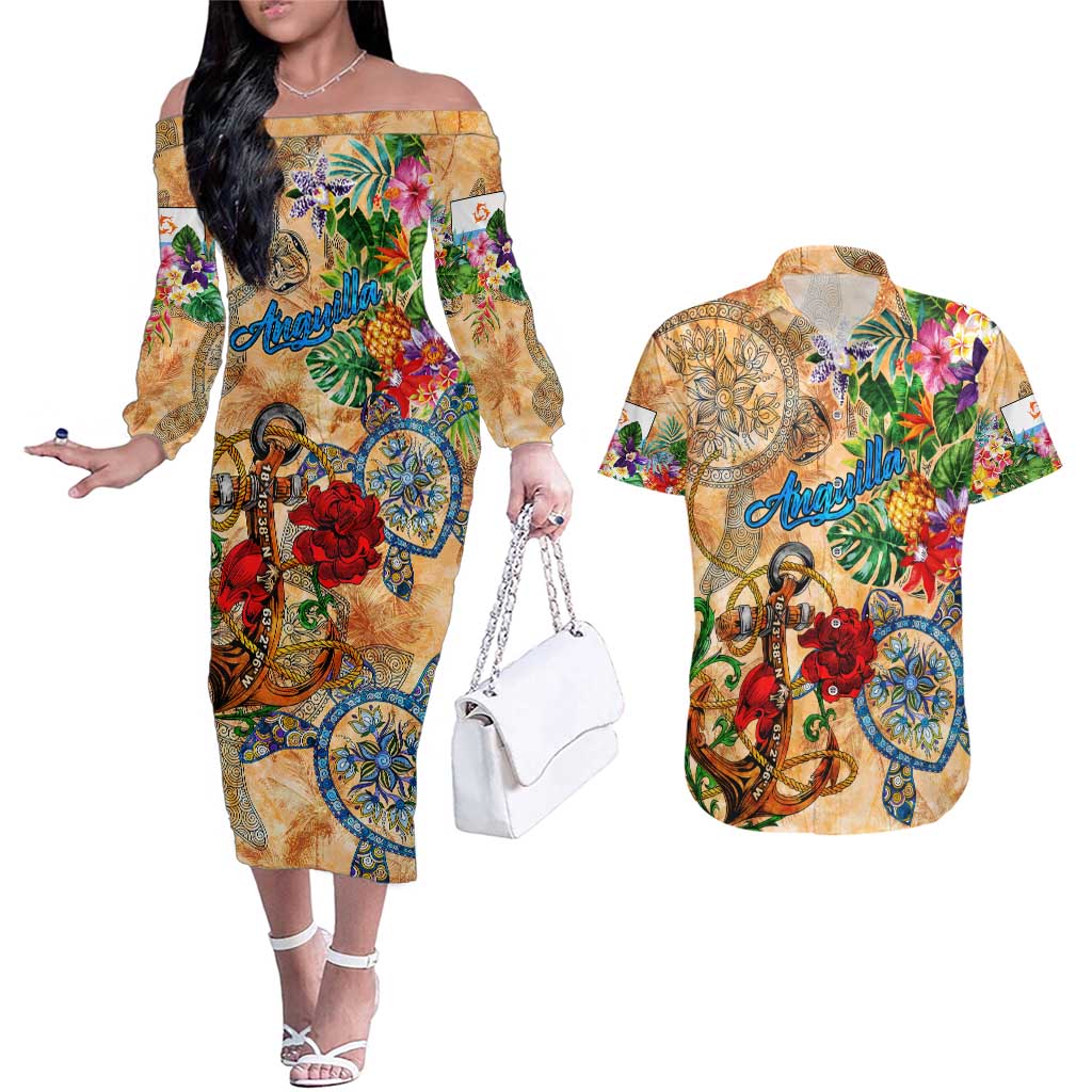 Anguilla Couples Matching Off The Shoulder Long Sleeve Dress and Hawaiian Shirt Geographic Coordinate Anchor - Turlte Tropical