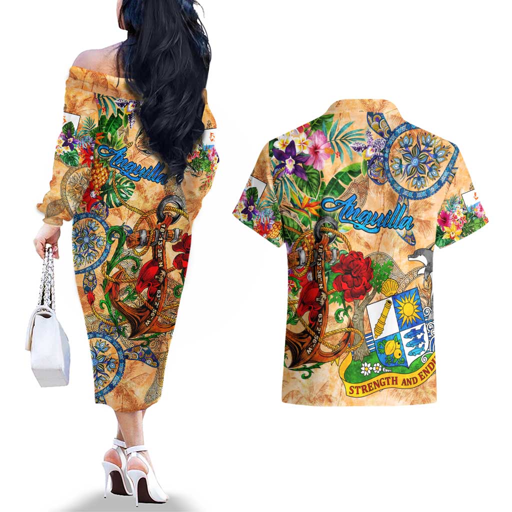 Anguilla Couples Matching Off The Shoulder Long Sleeve Dress and Hawaiian Shirt Geographic Coordinate Anchor - Turlte Tropical