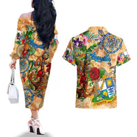 Anguilla Couples Matching Off The Shoulder Long Sleeve Dress and Hawaiian Shirt Geographic Coordinate Anchor - Turlte Tropical