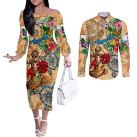 Anguilla Couples Matching Off The Shoulder Long Sleeve Dress and Long Sleeve Button Shirt Geographic Coordinate Anchor - Turlte Tropical