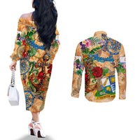 Anguilla Couples Matching Off The Shoulder Long Sleeve Dress and Long Sleeve Button Shirt Geographic Coordinate Anchor - Turlte Tropical
