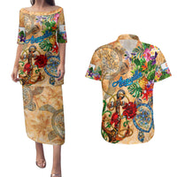 Anguilla Couples Matching Puletasi and Hawaiian Shirt Geographic Coordinate Anchor - Turlte Tropical