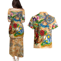 Anguilla Couples Matching Puletasi and Hawaiian Shirt Geographic Coordinate Anchor - Turlte Tropical