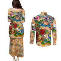 Anguilla Couples Matching Puletasi and Long Sleeve Button Shirt Geographic Coordinate Anchor - Turlte Tropical
