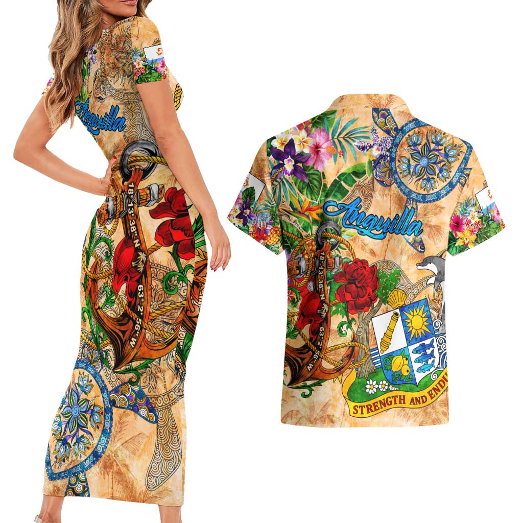 Anguilla Couples Matching Short Sleeve Bodycon Dress and Hawaiian Shirt Geographic Coordinate Anchor - Turlte Tropical