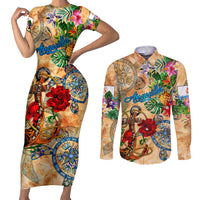 Anguilla Couples Matching Short Sleeve Bodycon Dress and Long Sleeve Button Shirt Geographic Coordinate Anchor - Turlte Tropical