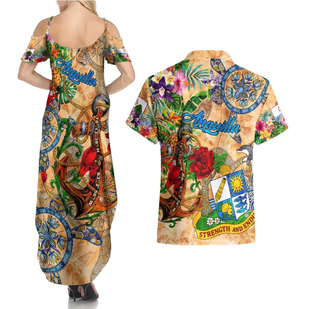 Anguilla Couples Matching Summer Maxi Dress and Hawaiian Shirt Geographic Coordinate Anchor - Turlte Tropical