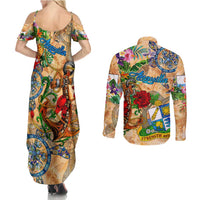 Anguilla Couples Matching Summer Maxi Dress and Long Sleeve Button Shirt Geographic Coordinate Anchor - Turlte Tropical