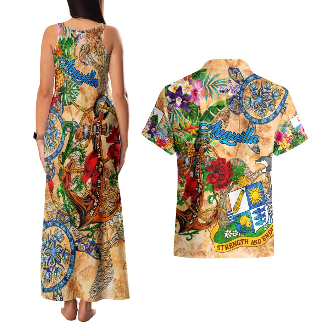Anguilla Couples Matching Tank Maxi Dress and Hawaiian Shirt Geographic Coordinate Anchor - Turlte Tropical