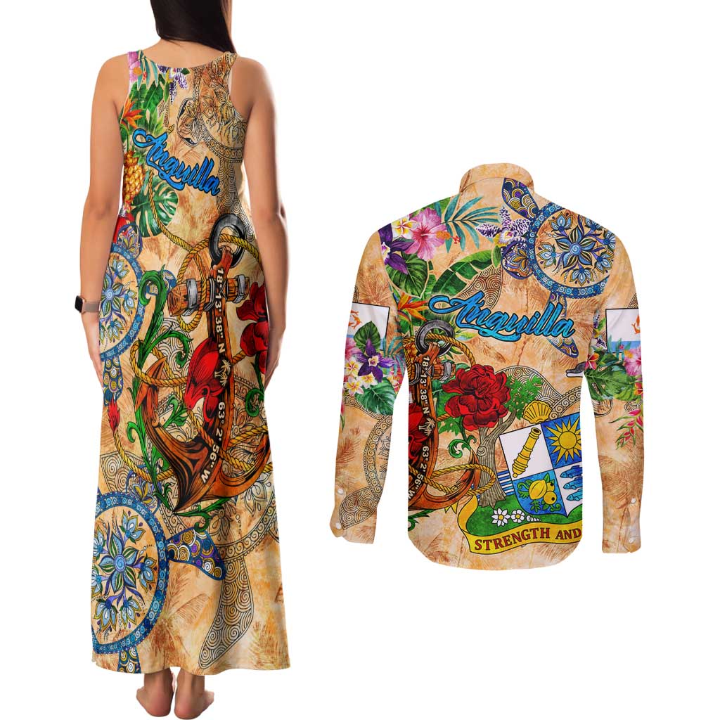 Anguilla Couples Matching Tank Maxi Dress and Long Sleeve Button Shirt Geographic Coordinate Anchor - Turlte Tropical