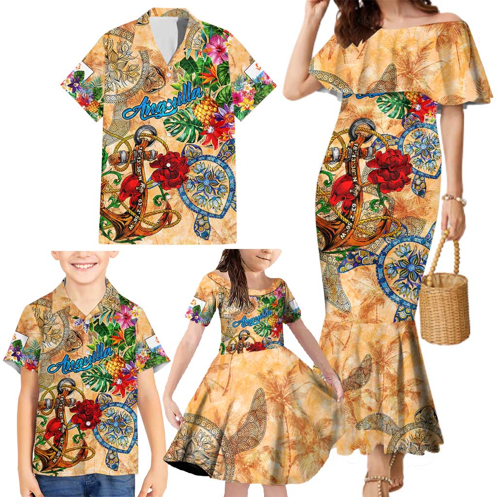 Anguilla Family Matching Mermaid Dress and Hawaiian Shirt Geographic Coordinate Anchor - Turlte Tropical