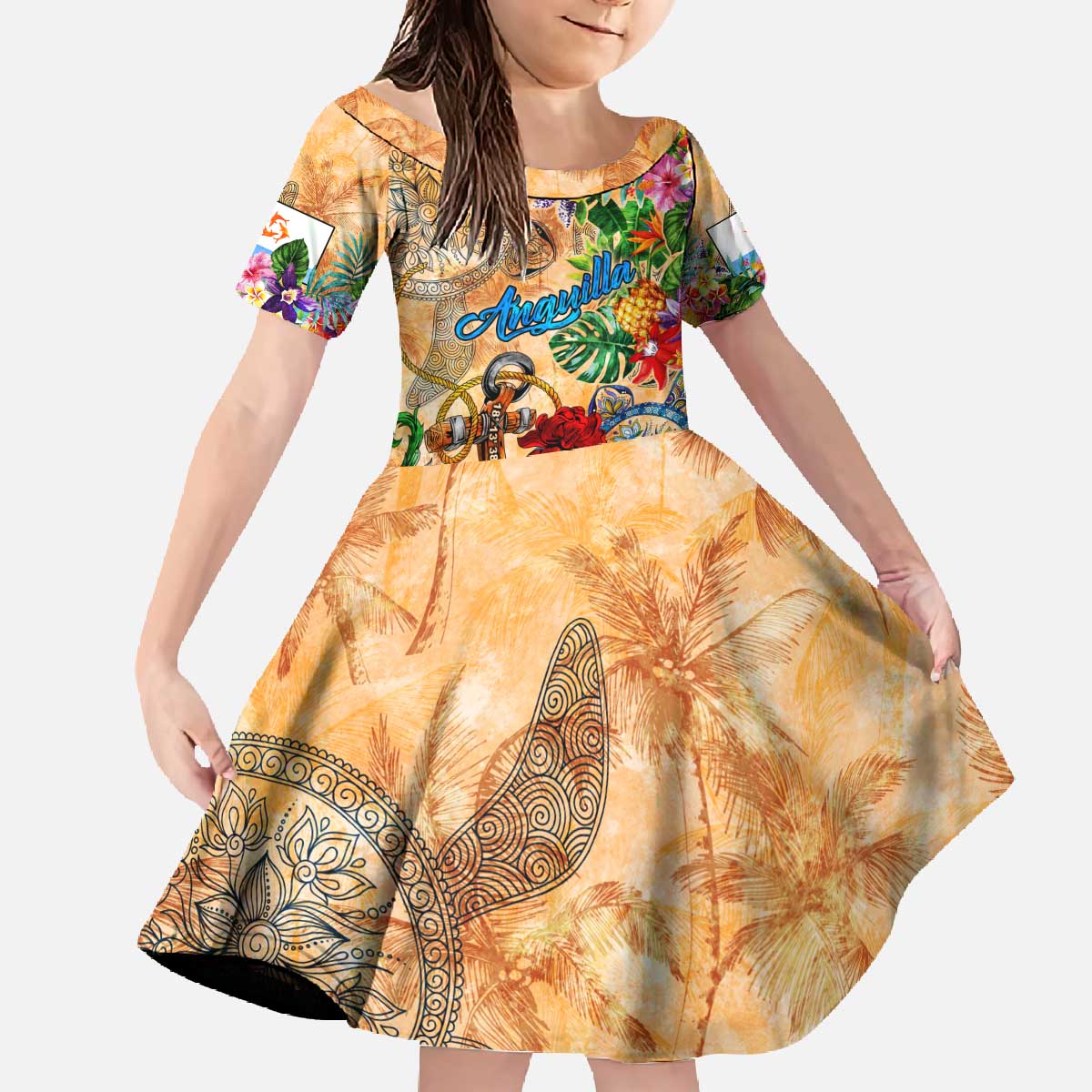 Anguilla Family Matching Off The Shoulder Long Sleeve Dress and Hawaiian Shirt Geographic Coordinate Anchor - Turlte Tropical