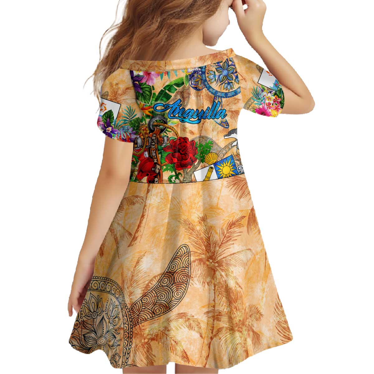 Anguilla Family Matching Off The Shoulder Long Sleeve Dress and Hawaiian Shirt Geographic Coordinate Anchor - Turlte Tropical