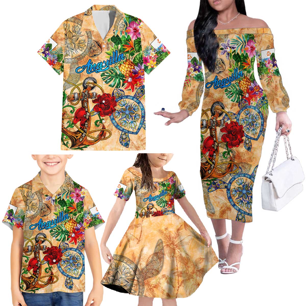 Anguilla Family Matching Off The Shoulder Long Sleeve Dress and Hawaiian Shirt Geographic Coordinate Anchor - Turlte Tropical